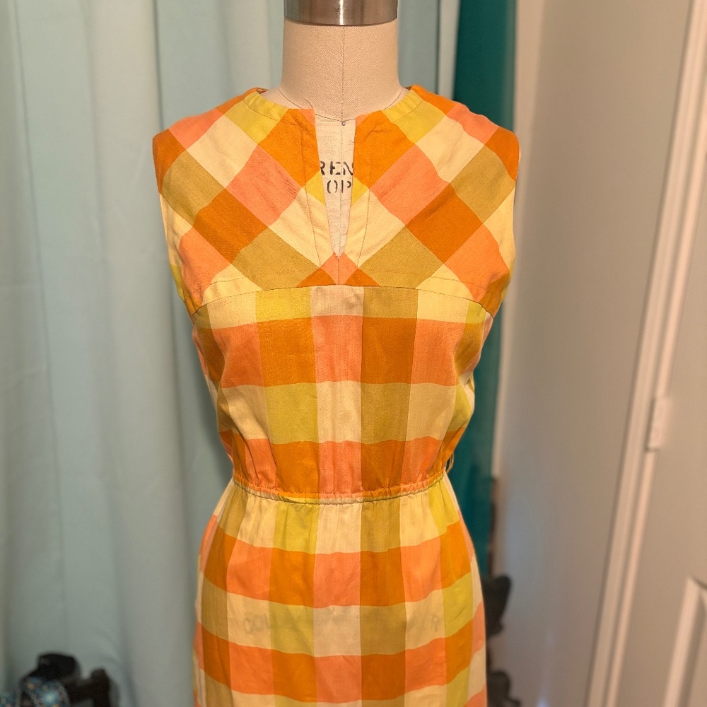 Vintage 1950s Sue Brett Dress – Orange Plaid – Metal Zipper – Size M/L